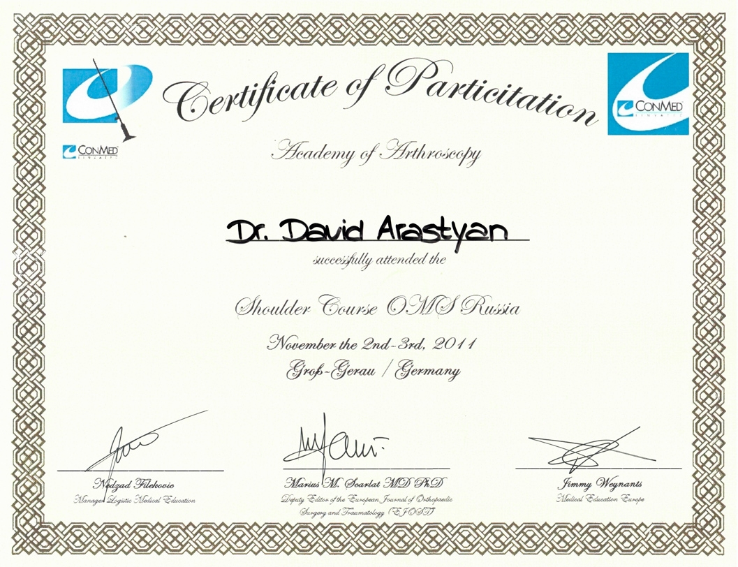 Certificate of Particitation Academy of Arthroscopy